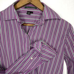 Lauren Ralph Lauren Blouse Button Front Striped Rolled Cuff Womens Size S Purple